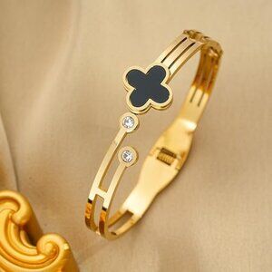 Gold Plated Clover Bracelet with Black Enamel & Crystal Accents